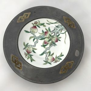 8.25" Vintage Japanese Porcelain Pewter Encased Bowl Floral